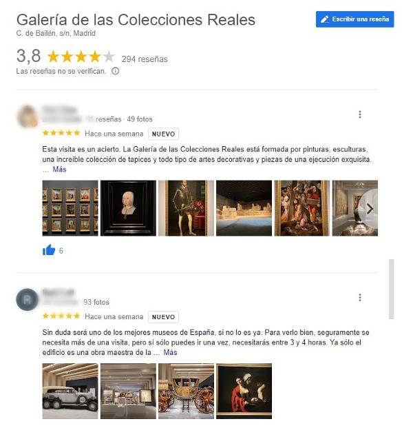 Reseñas y valoraciones de usuarios en Google sobre la Galería de las Colecciones Reales
