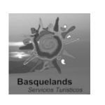 Logotipo de Basquelands Servicios Turísticos con una ilustración abstracta en forma de sol o flor.