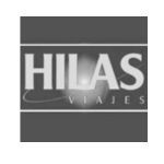Logotipo cuadrado con el nombre HILAS VIAJES en letras blancas sobre fondo oscuro.