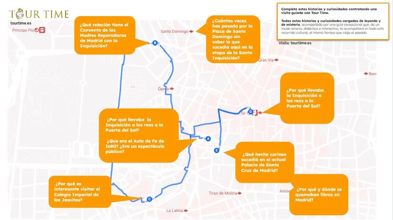 Mapa de Madrid con una ruta azul y burbujas naranjas que plantean preguntas históricas sobre la Inquisición en diversos puntos.