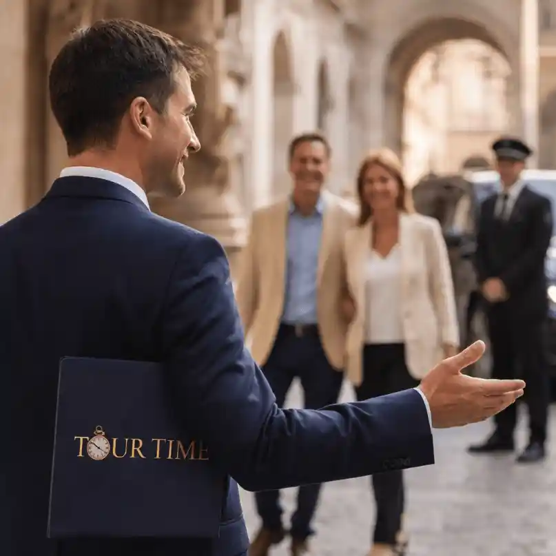 Coordinador de TourTime dando la bienvenida a una pareja VIP frente a un palacio histórico, con conductor y vehículo de lujo al fondo.