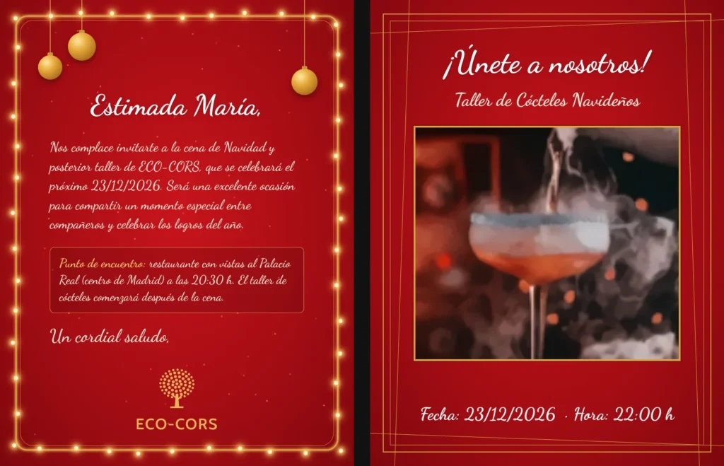 Ejemplo de invitación digital a la cena de Navidad de empresa con taller de cócteles navideños posterior